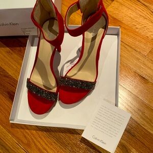 4 inch red suede Calvin Klein sandals with metallic embellishment size 8.5
